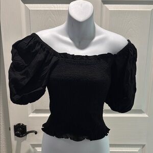 INC International Concepts Black Smocked Crop Blouse